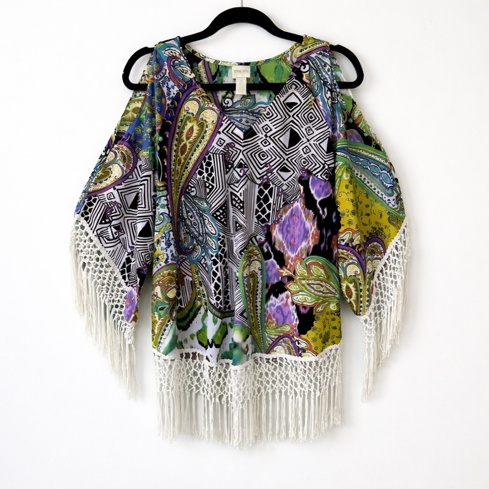 FRINGE BOHO MACRAMÉ PAISLEY MOD TUNIC TOP SIZE LARGE EUC CHICO’S MULTI COLOR